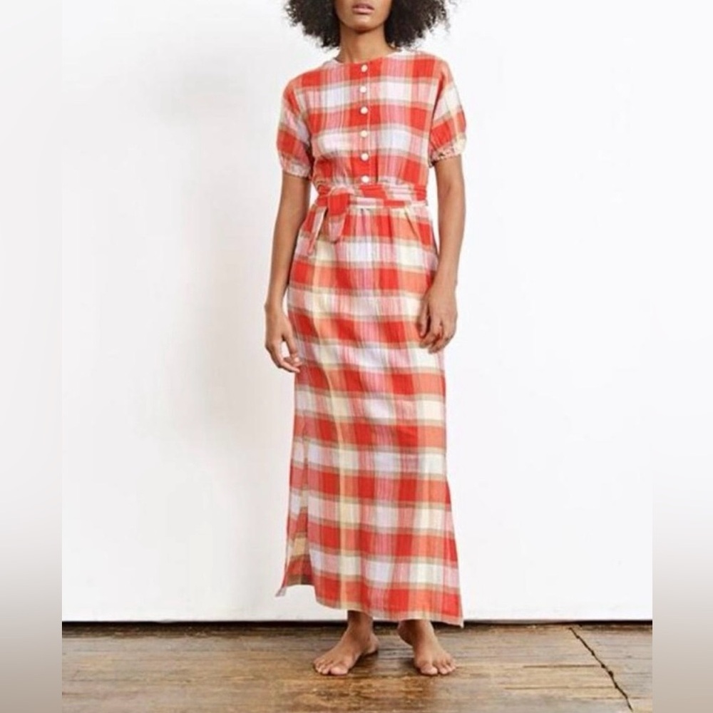 Ace & Jig‎ Georgie Picnic Plaid Short Sleeve Tie Waist Maxi Dress Cotton
